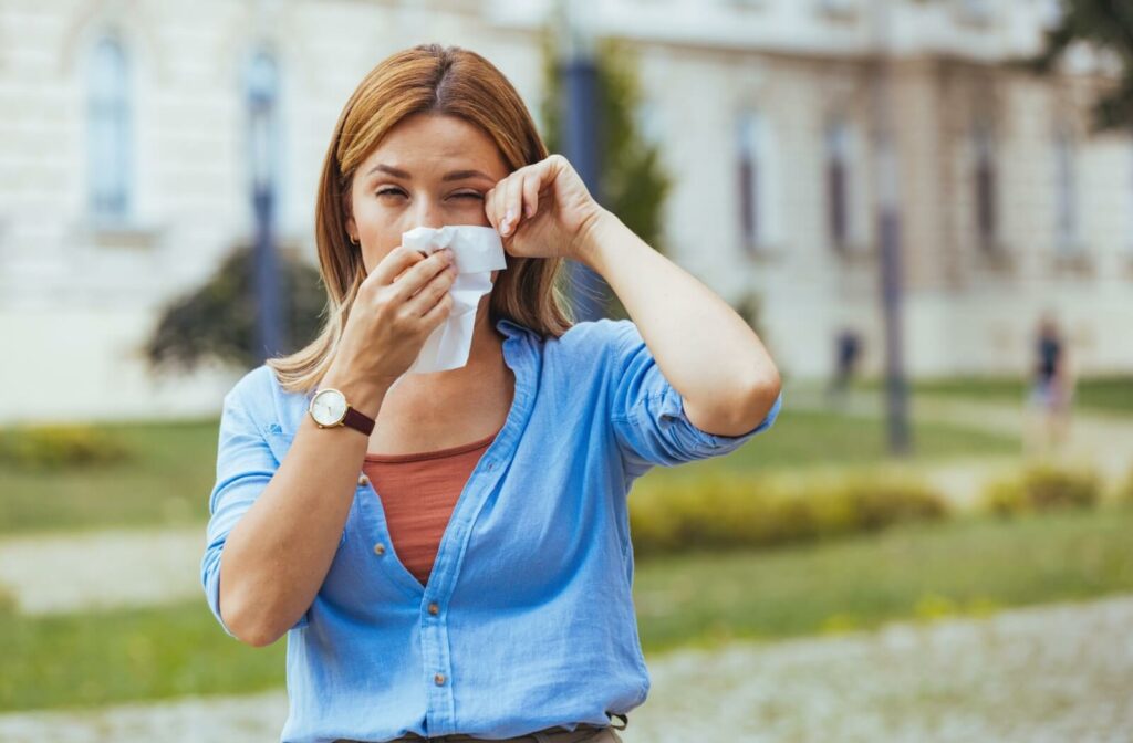 A person outdoors wipes their watery eye with a tissue while holding her face, showing allergy-like symptoms.
