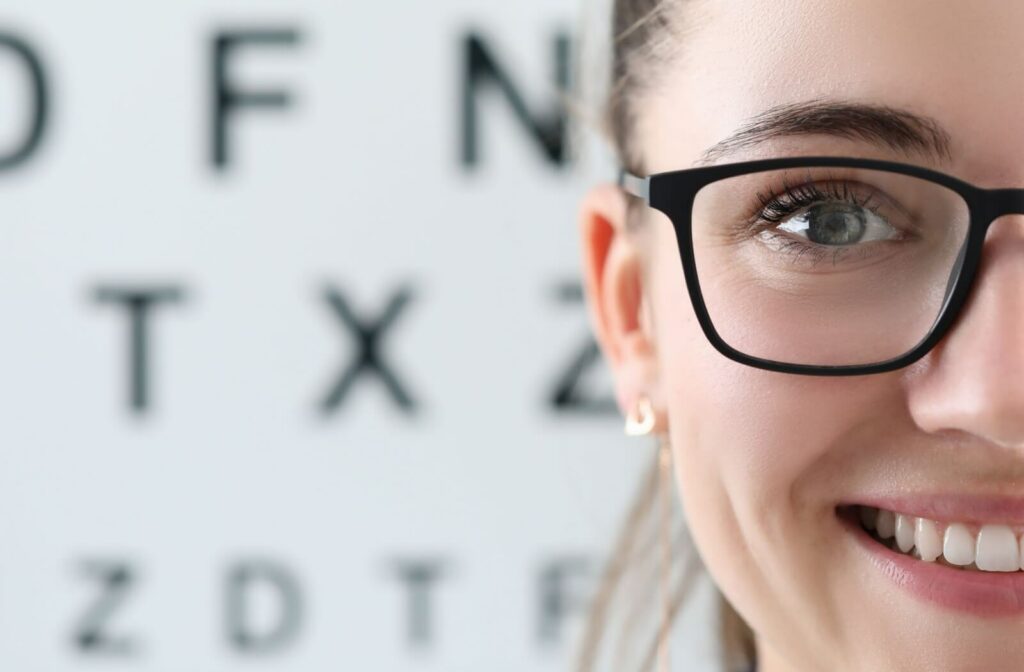 Patient wearing eyeglasses during an eye exam with a vision chart in the background.
