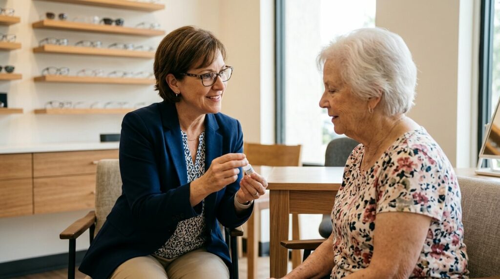 An optometrist in a navy blazer explaining the use of eye drops to a senior woman in a floral shirt at an optical clinic.