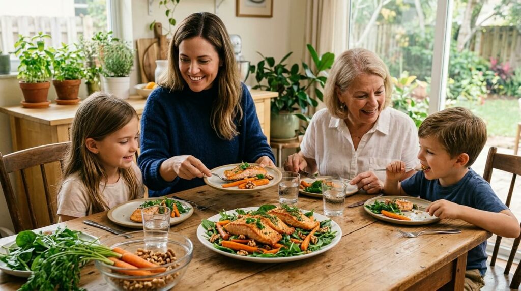 A family of four sitting around a wooden table enjoying a healthy meal of salmon, carrots, and leafy greens to support eye health.