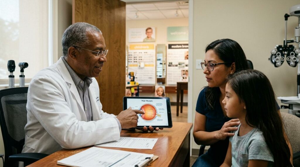 Close-up of an eye exam chart highlighting myopia risk factors for long-term vision health