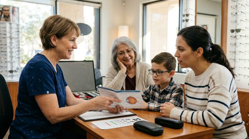 Family reviewing eye exam results together, illustrating the genetic link to myopia in children.