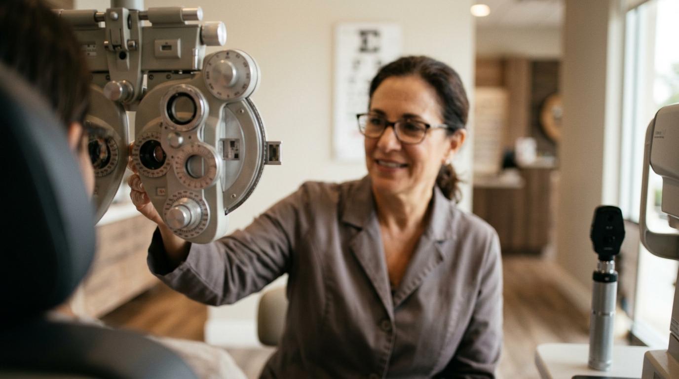 Person experiencing blurry vision while reading, representing fluctuating eyesight throughout the day.