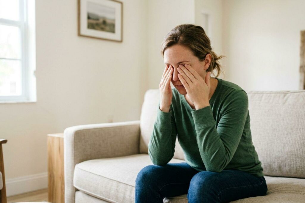 Adult sitting on a sofa indoors, pressing both hands over their eyes and nose.