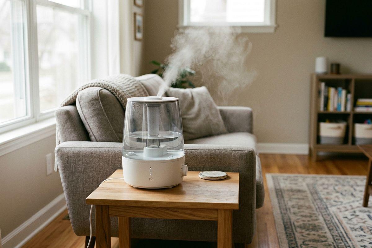 White humidifier emitting mist from its top, sitting on a wooden side table in a living room with a gray sofa and hardwood floors.