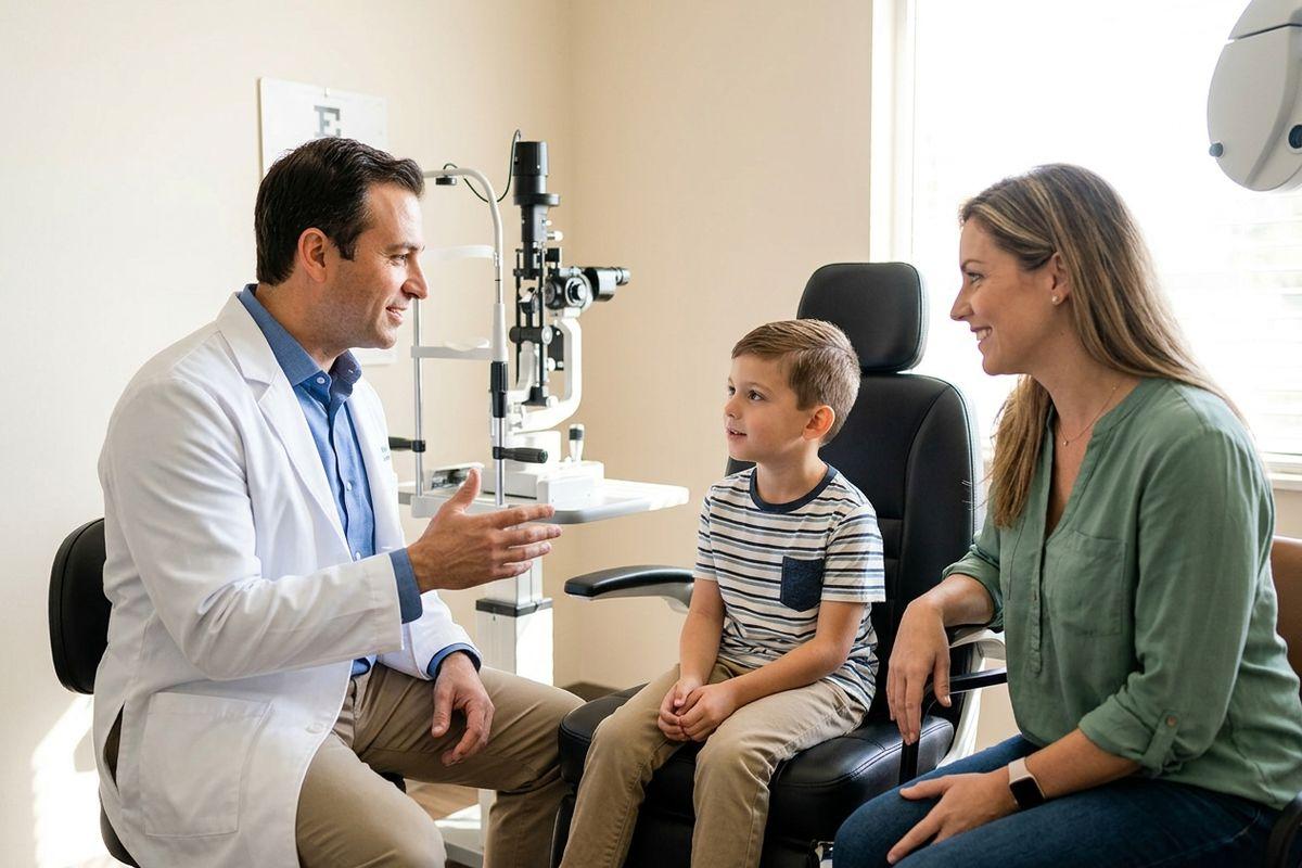 Optometrist speaking to a child and accompanying adult seated in an eye exam chair, with a slit lamp visible in the background.