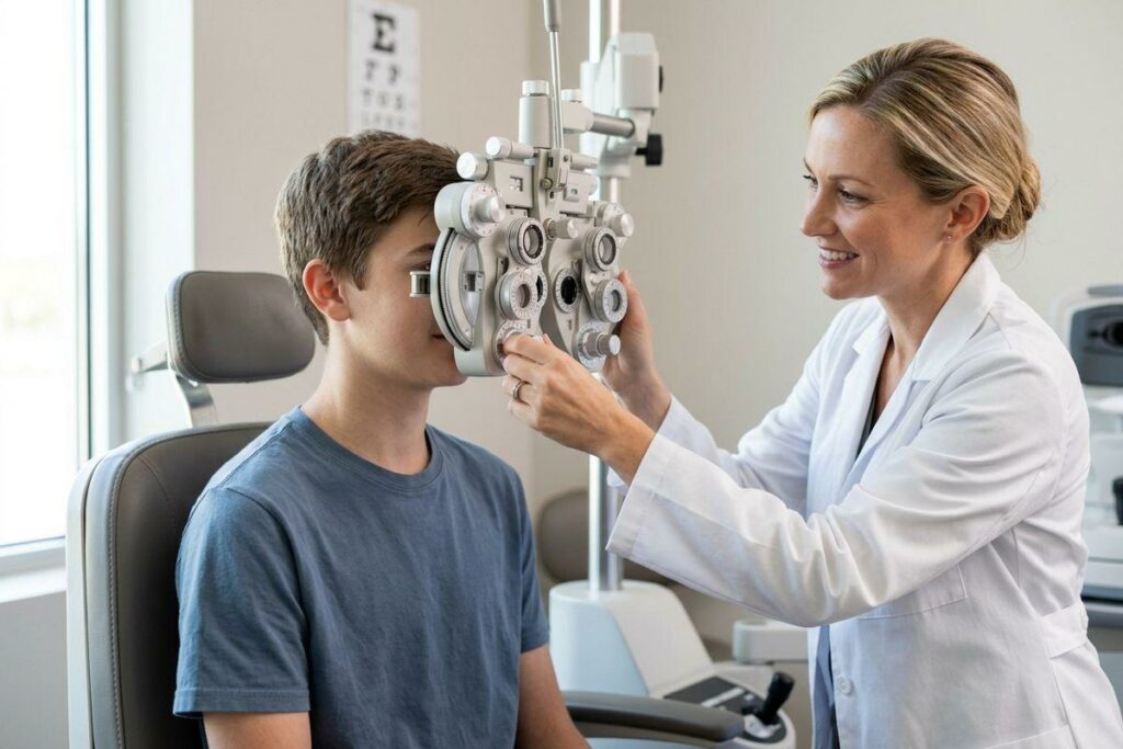 Smiling optometrist adjusting a phoropter over a seated child's eye during an eye exam in a clinic.