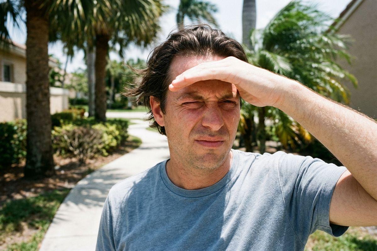 Adult in a grey T-shirt shielding eyes with a hand and squinting, standing on a sunny sidewalk lined with palm trees.
