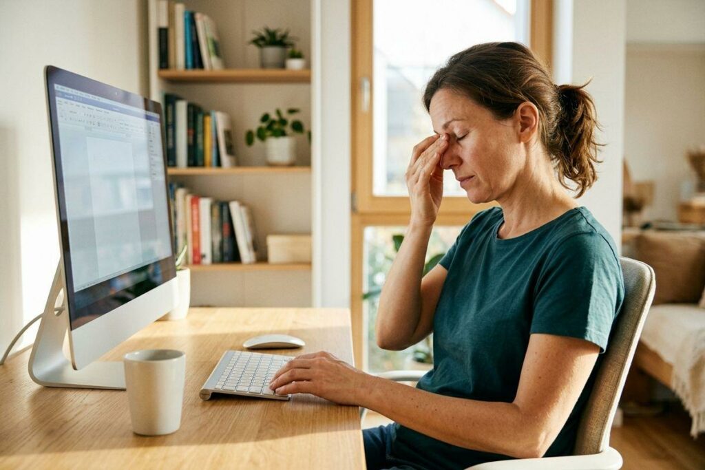Adult sitting at a desk with a computer, eyes closed and rubbing the bridge of their nose, one hand resting on the keyboard.