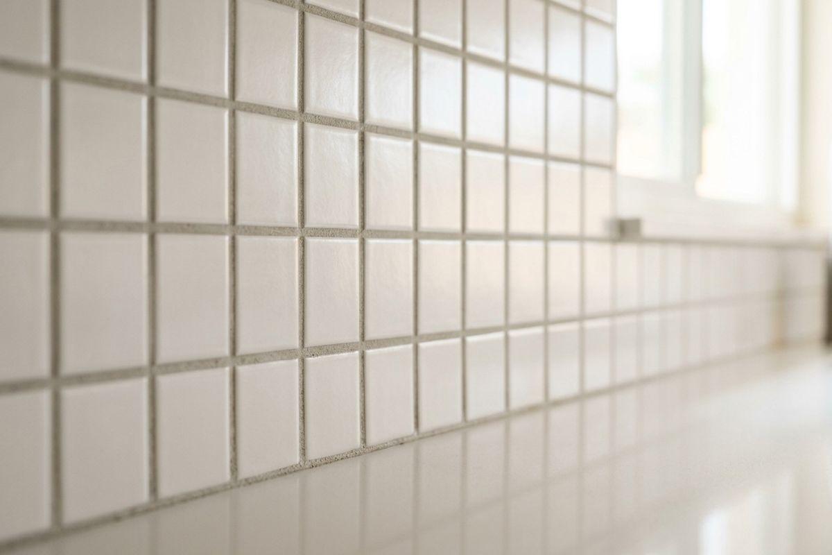 Close-up of a white square-tiled wall with grey grout, viewed at a sharp angle above a glossy countertop, with a bright window behind.