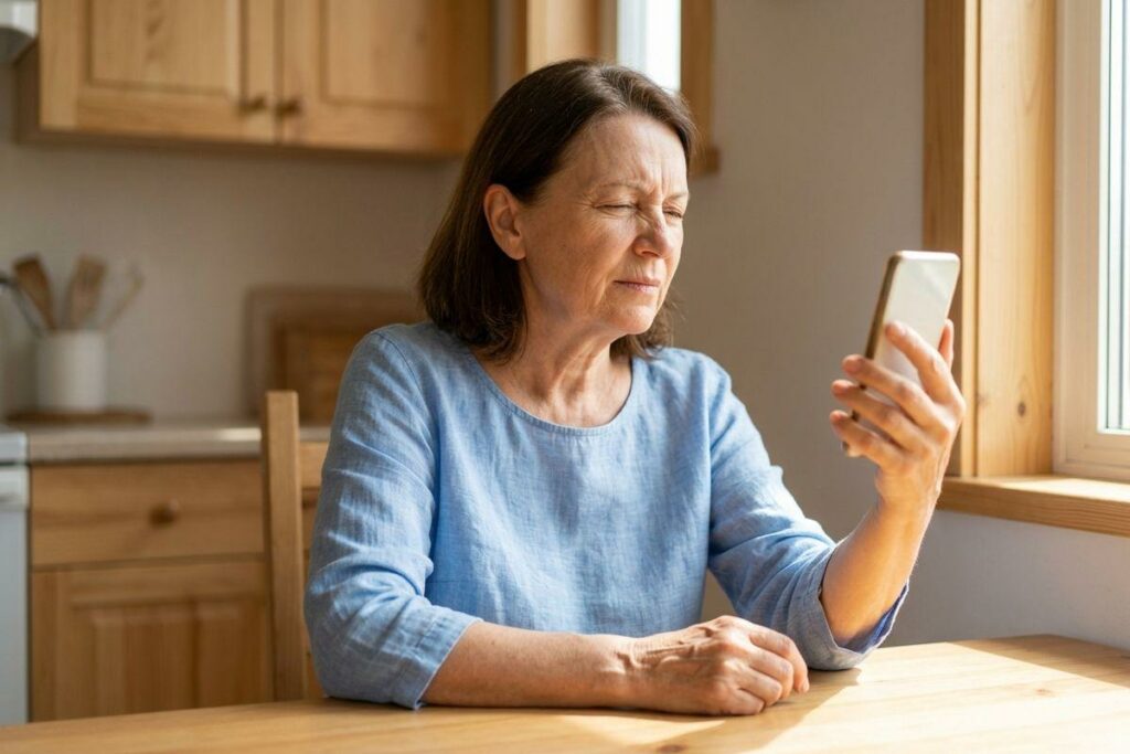 Older adult sitting at a kitchen table, holding a smartphone at arm's length and squinting at the screen.